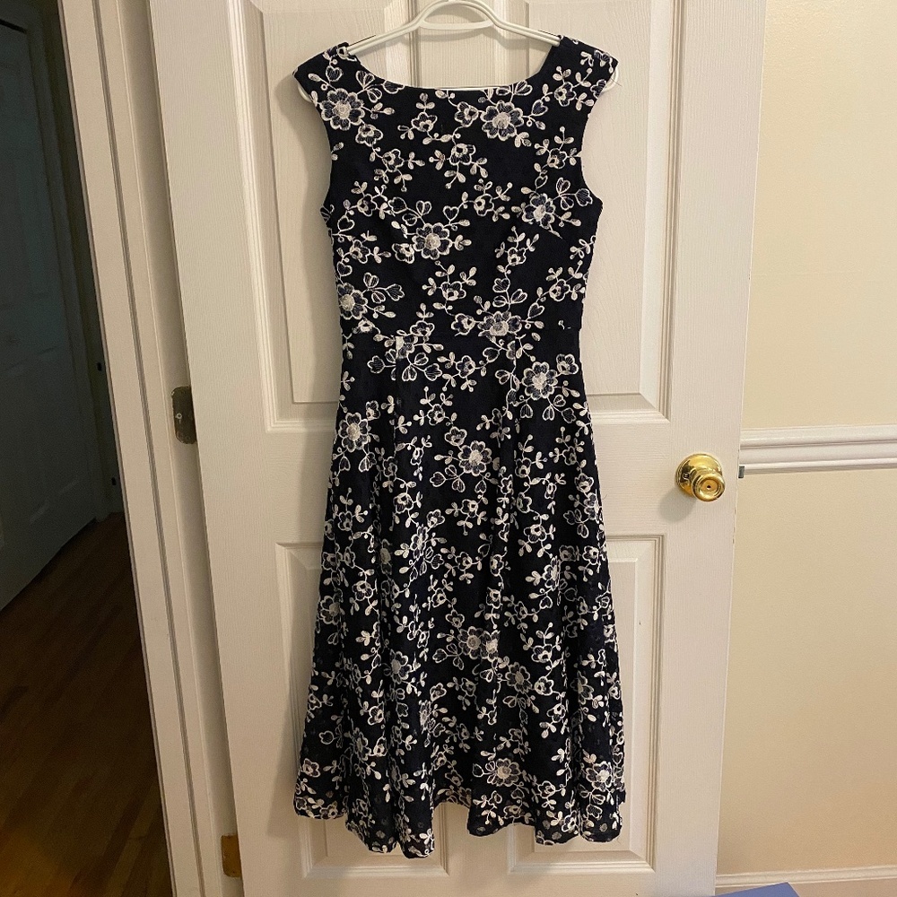 Betsey Johnson Tea-Length Dark Blue Dress with White Embroidered Flowers Size 2